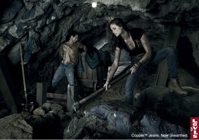 attractive young man and woman in coal mine Levis print ad | Simon Harsent - photographer