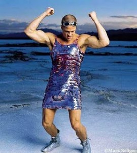bald Brad Pitt Troy Mark Seliger photographer in Sequined Dress at beach