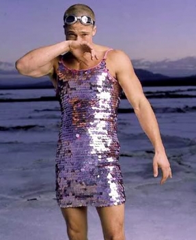 bald Brad Pitt Troy Mark Seliger photographer in Sequined Dress at beach